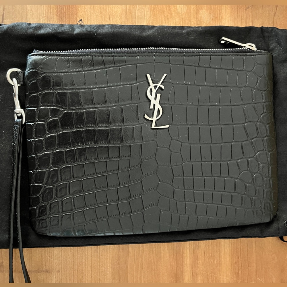 Saint Laurent YSL Black Embossed Leather wristlet clutch